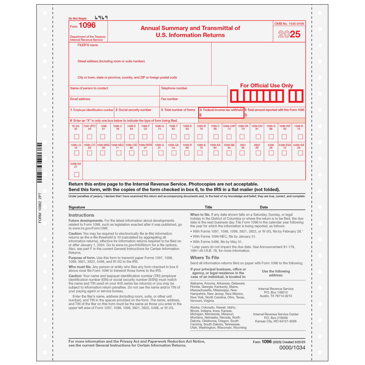 2026 Form 1096 Transmittal Summary 2-part (Carbonless)