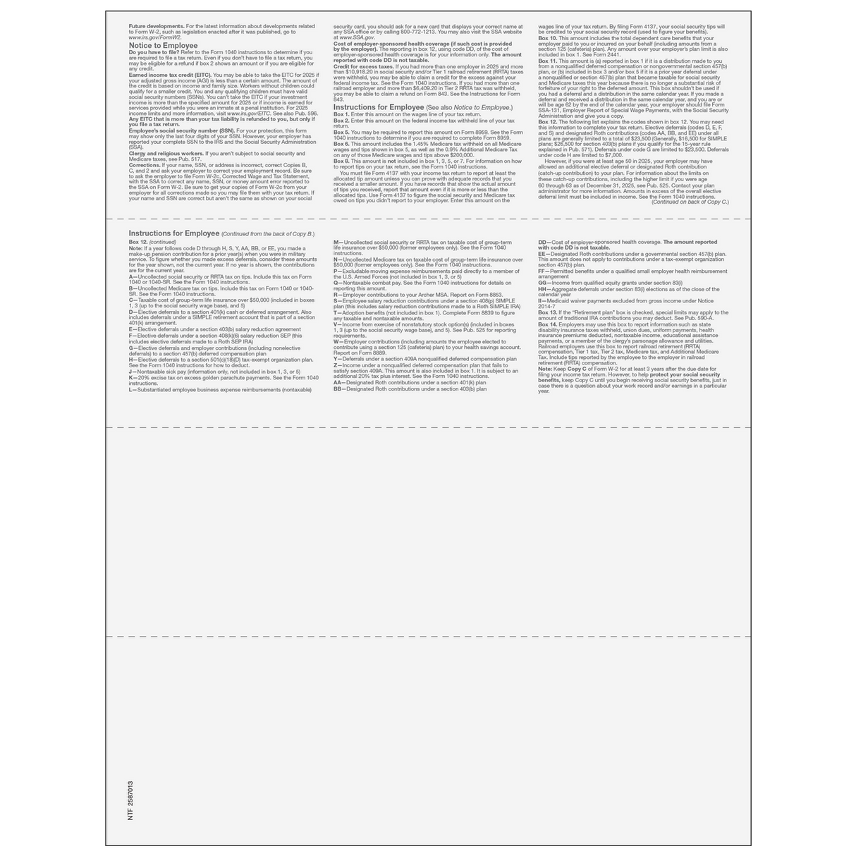 4up Blank W-2 Form - Horizontal (with Employee Instructions) - 25 Qty