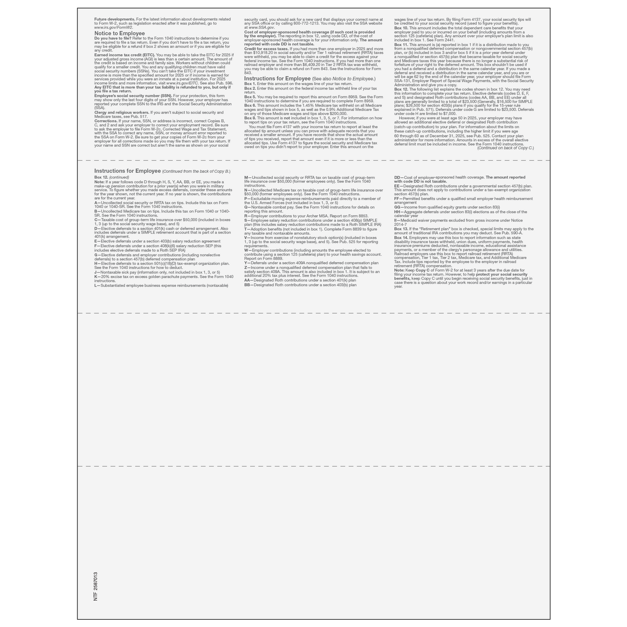 4up Blank W-2 Form - Horizontal (with Employee Instructions) - 25 Qty