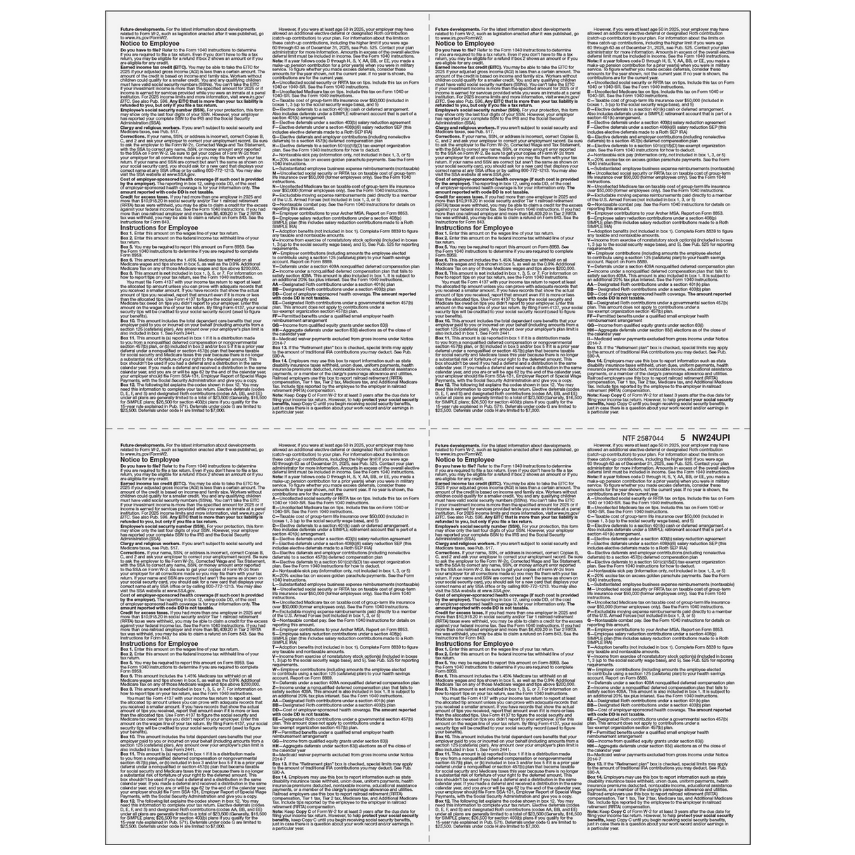 4up Blank W-2 Form - Quadrants (with Employee Instructions) - 500 Qty