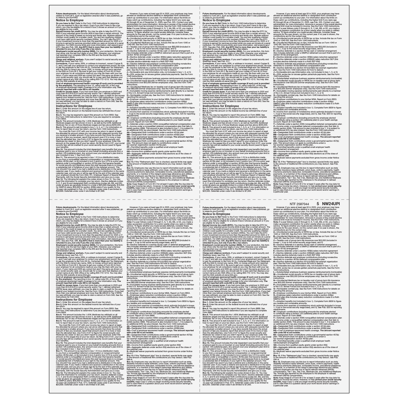 4up Blank W-2 Form - Quadrants (with Employee Instructions) - 500 Qty