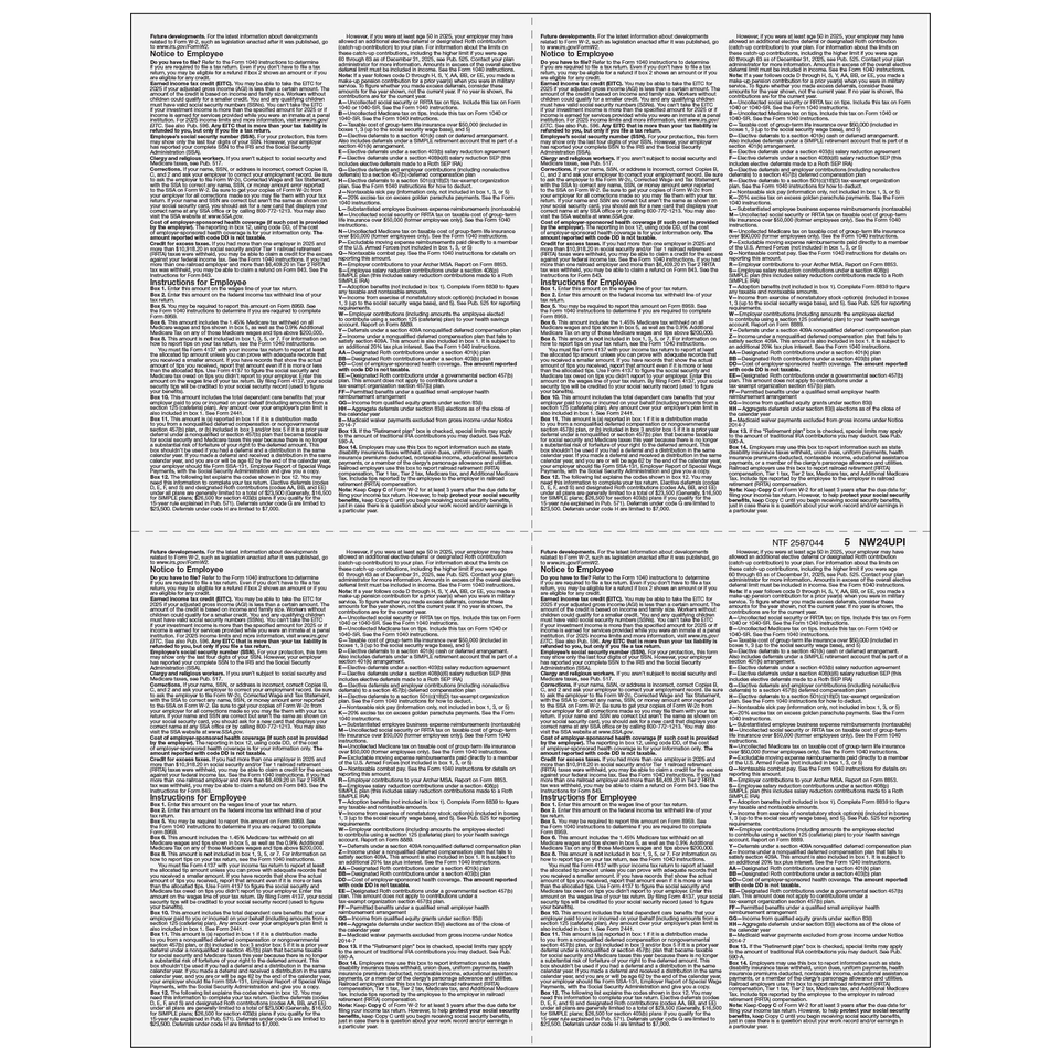 4up Blank W-2 Form - Quadrants (with Employee Instructions) - 25 Qty
