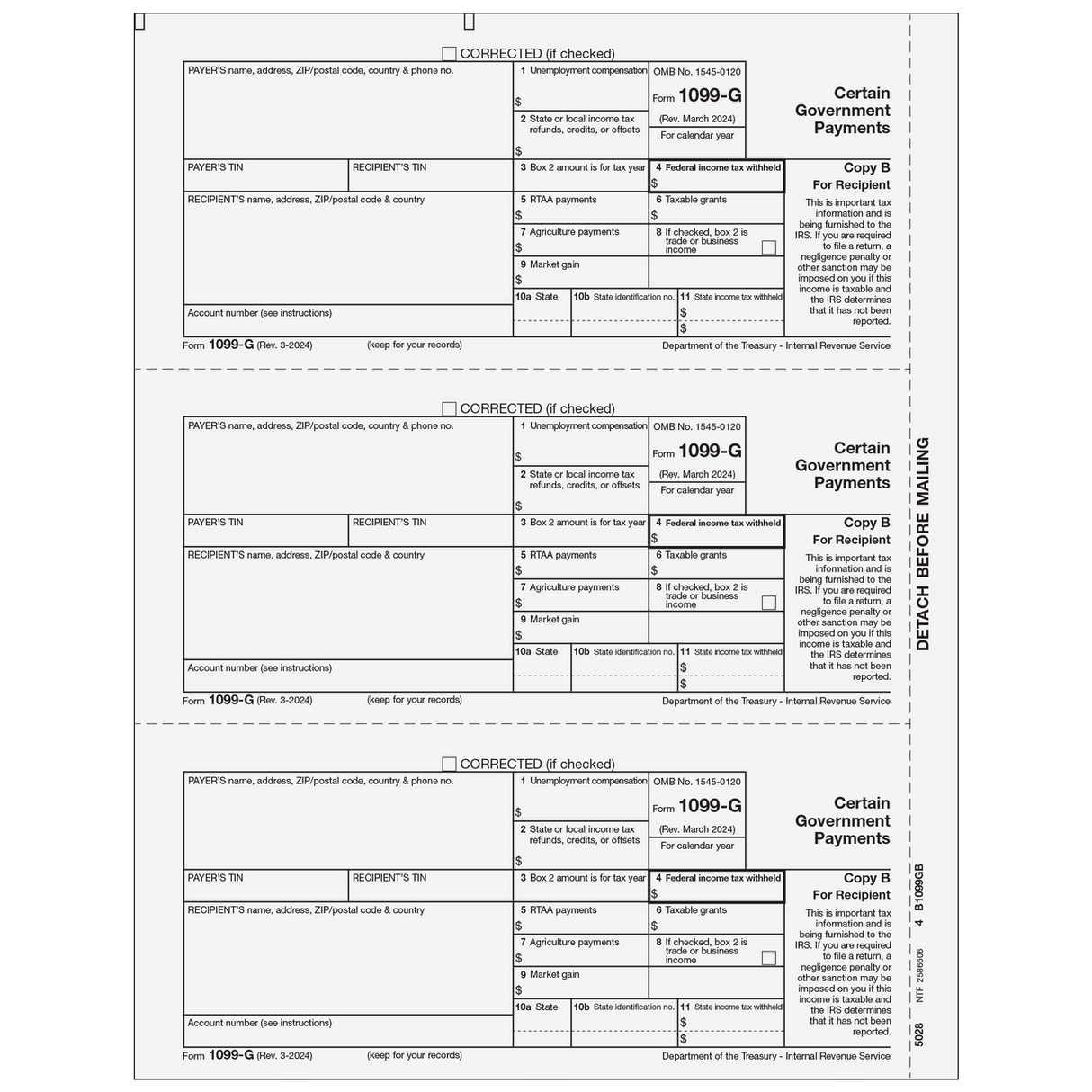 Form 1099-G Certain Government Payments - Copy B Recipient - 25 Qty