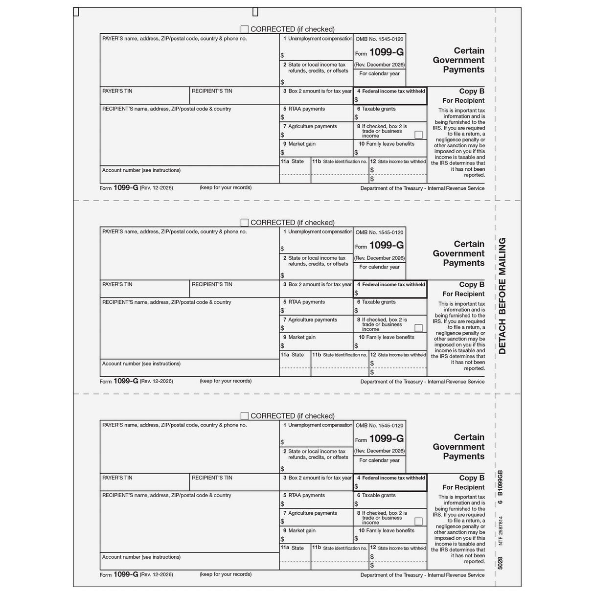 2026 1099-G Recipient Copy B Forms