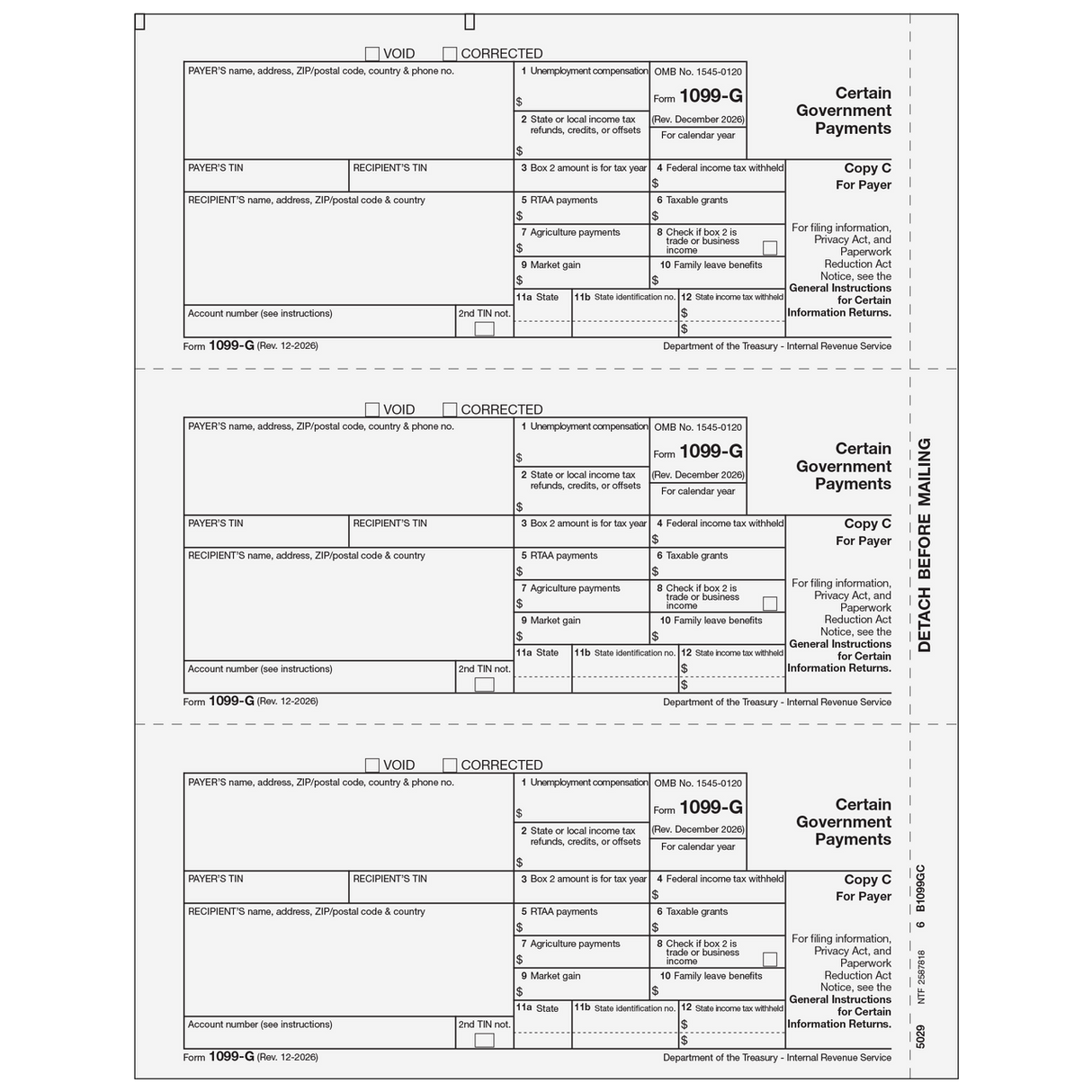 2026 1099-G Payer or State Copy C Forms