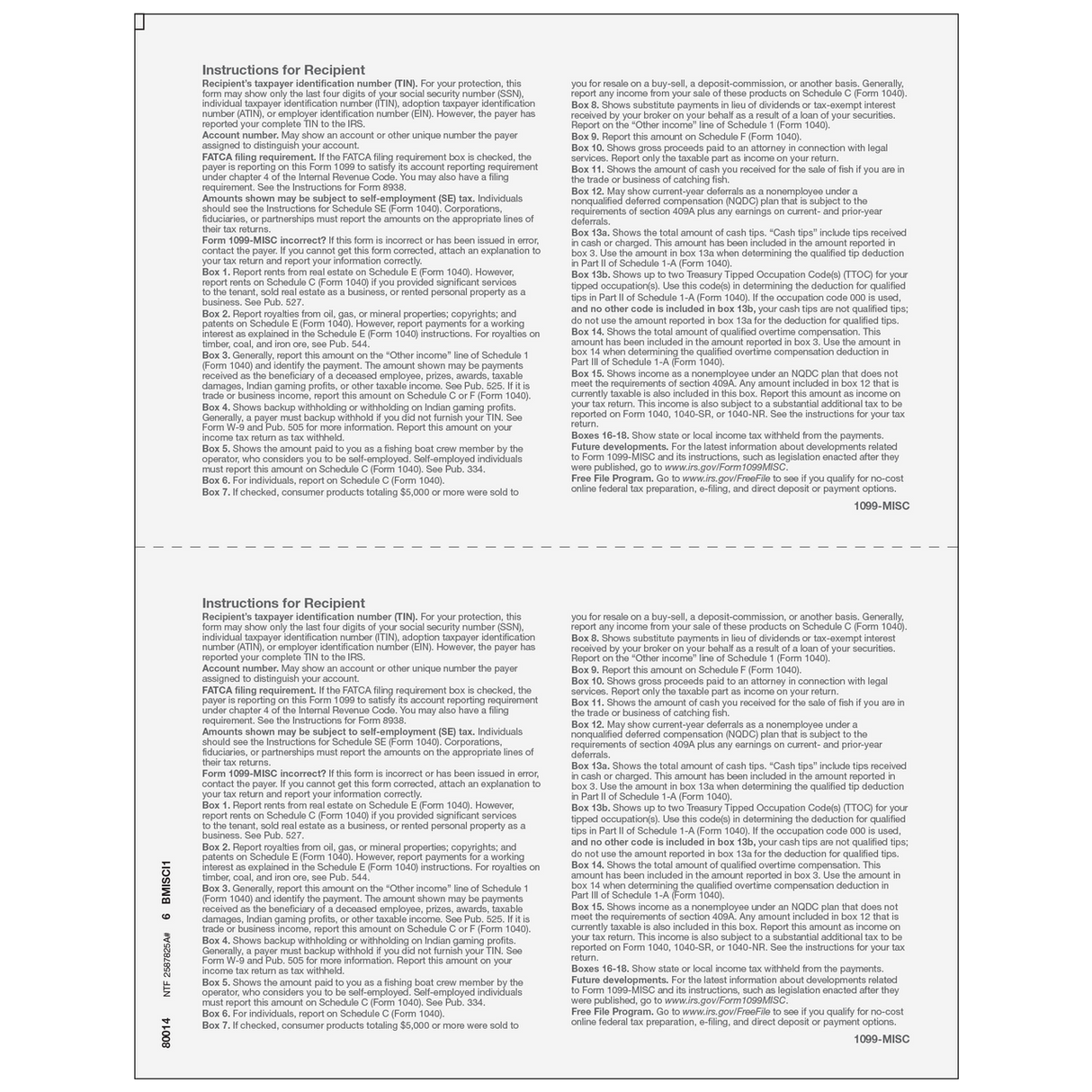 2026 1099 2-Up Blank Laser Paper with 1099-MISC Instructions on Both Panels