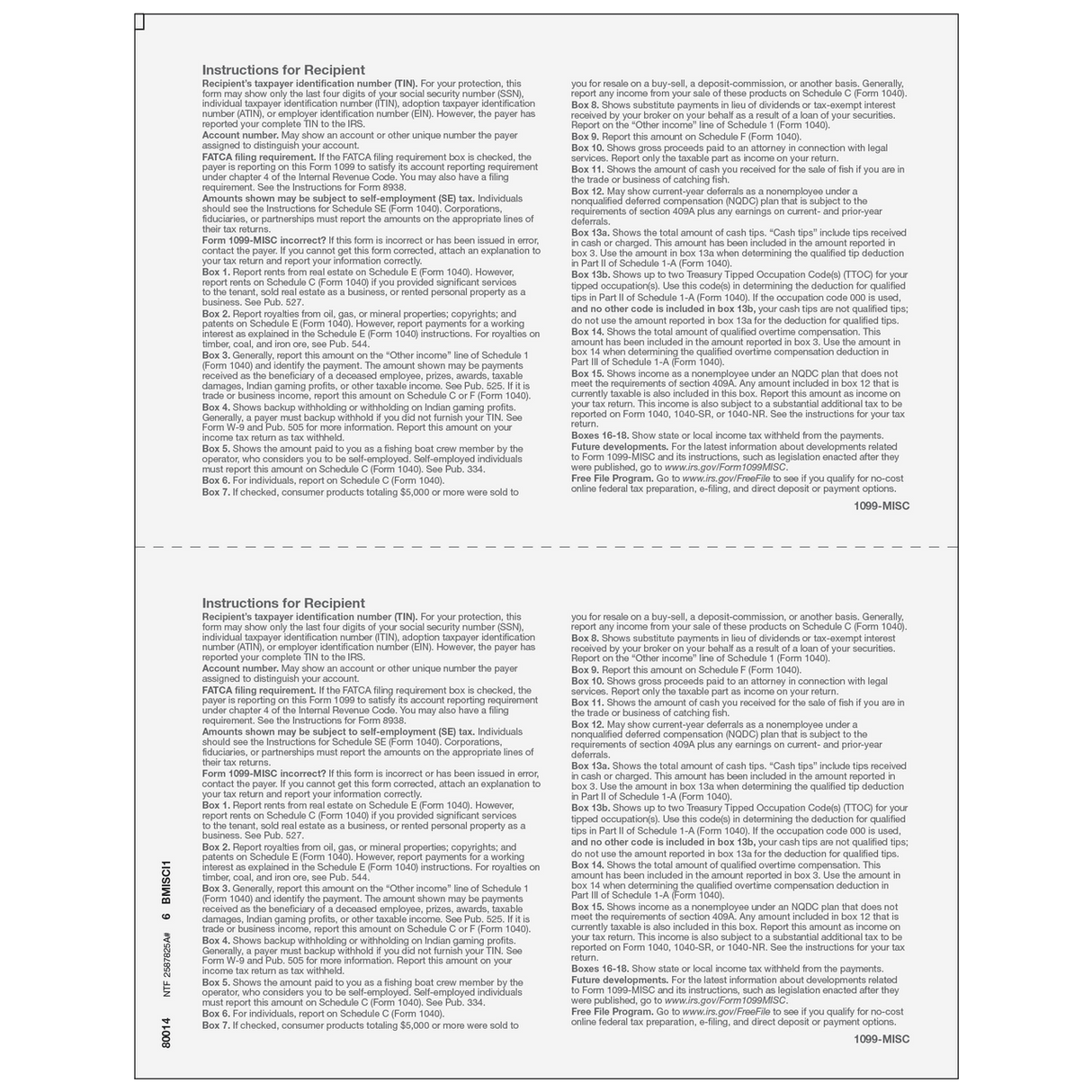 2026 1099 2-Up Blank Laser Paper with 1099-MISC Instructions on Both Panels – Back View