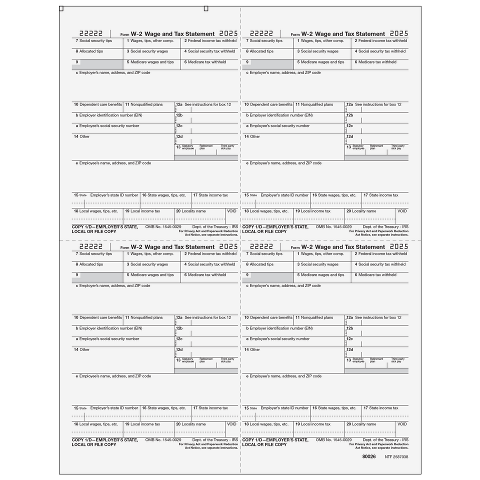 Form W-2 - Employer State/Local/File Copies 1/D - 4up Quadrants - 25 Qty