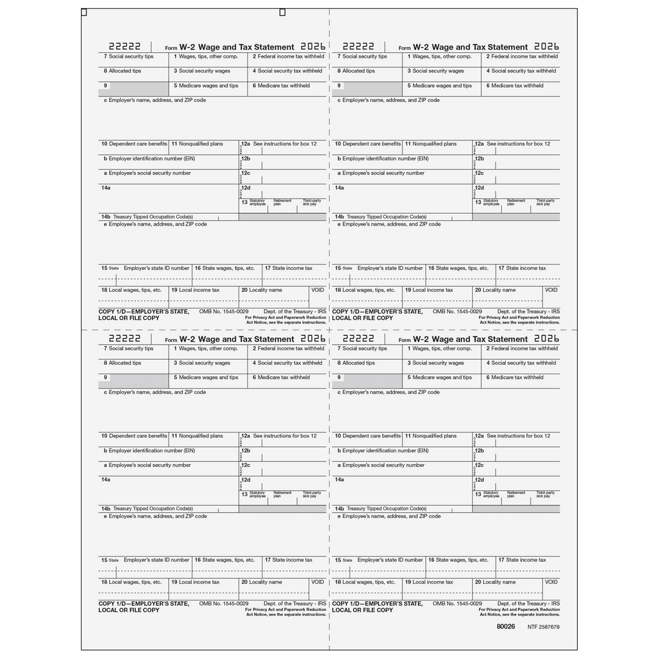 2026 W-2 Employer 4-Up Quadrant Copies 1/D Preprinted Laser Forms