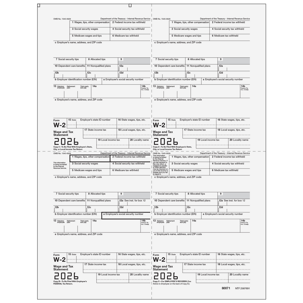 2026 W-2 Employee 4-Up Quadrant Copies 2/2/B/C Preprinted Laser Forms
