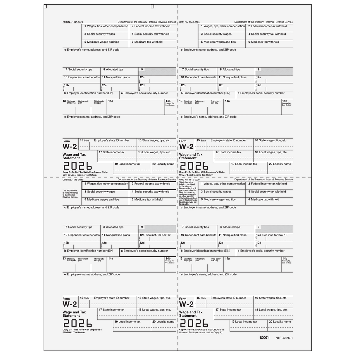 2026 W-2 Employee 4-Up Quadrant Copies 2/2/B/C Preprinted Laser Forms
