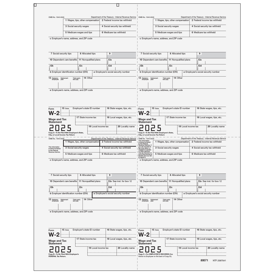 W-2 Employee Copies 2/2/B/C - 4up Quadrant - 25 Qty