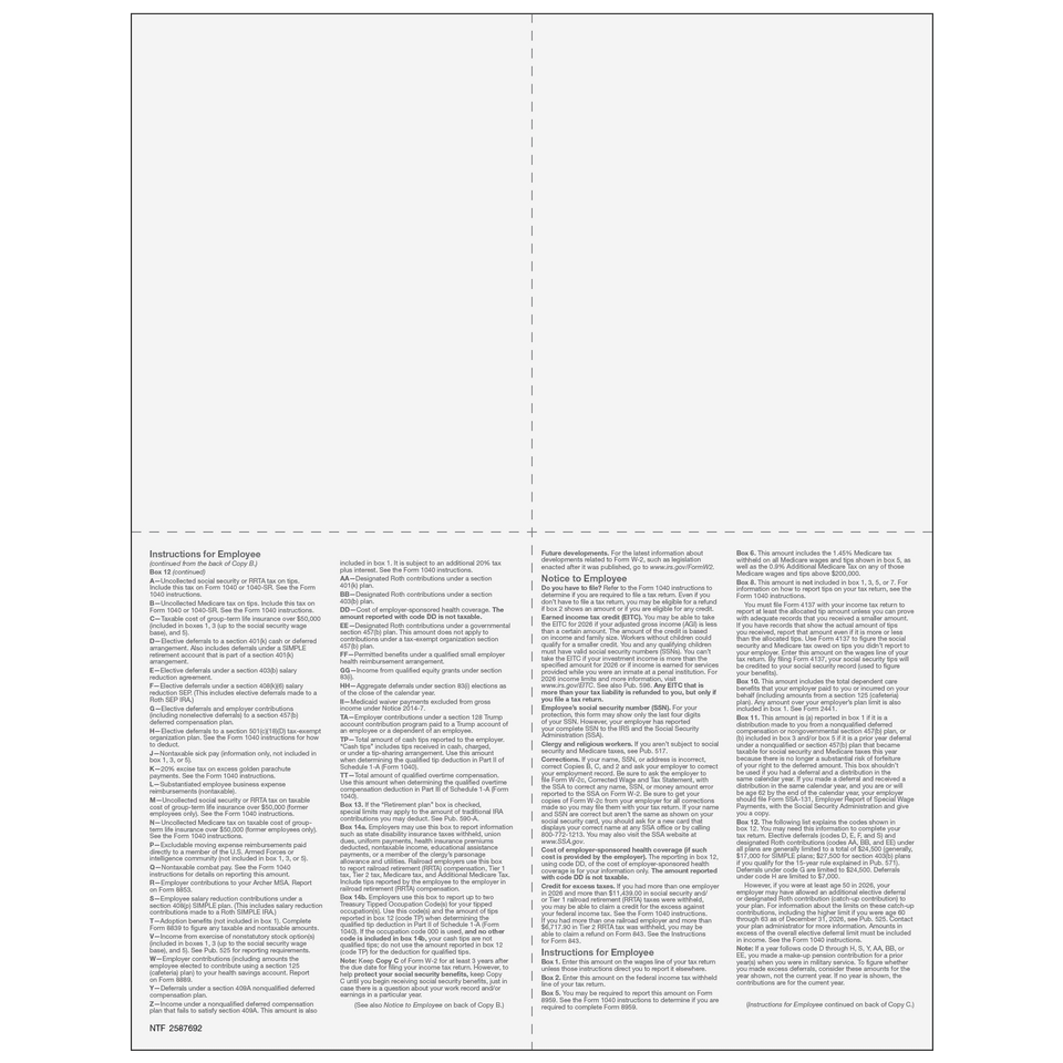 2026 W-2 Employee 4-Up Quadrant Copies 2/2/B/C Preprinted Laser Forms – Back View