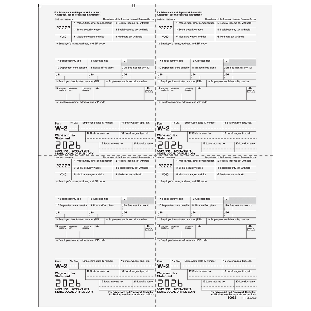2026 W-2 Employer 4-Up Quadrant Copies 1/D Preprinted Laser Forms - 50 Minimum