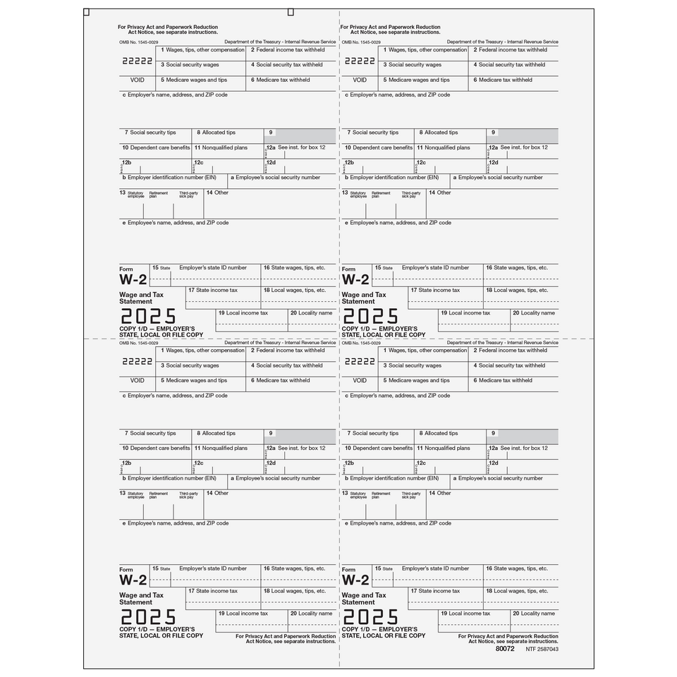 Form W-2 4up Quadrant Employer Copy 1/D - 25 Qty