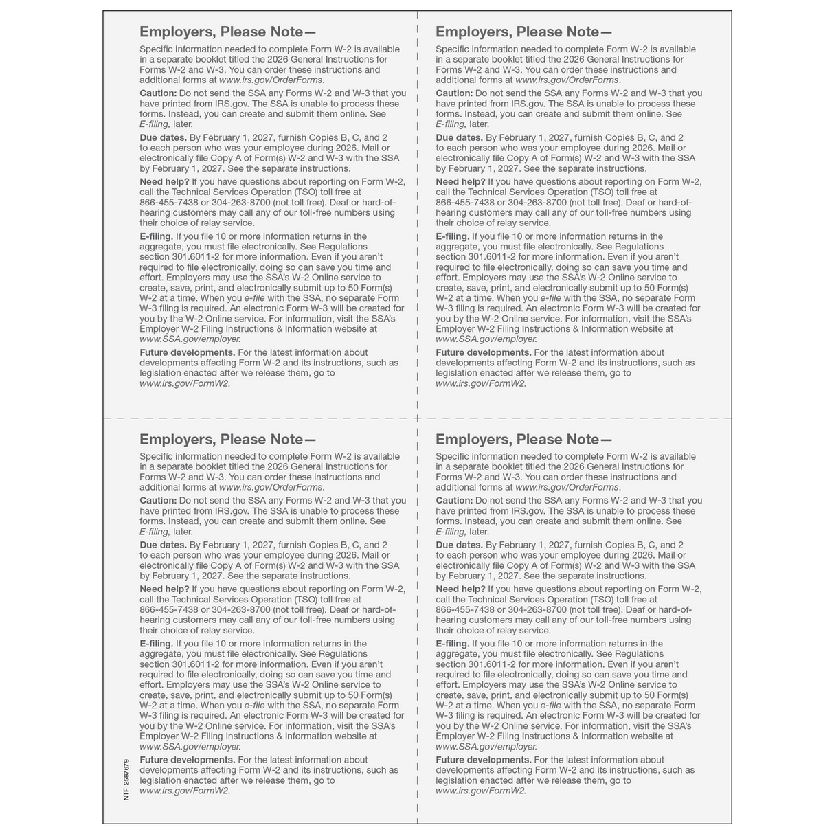 2026 W-2 Employer 4-Up Quadrant Copies 1/D Preprinted Laser Forms - 50 Minimum