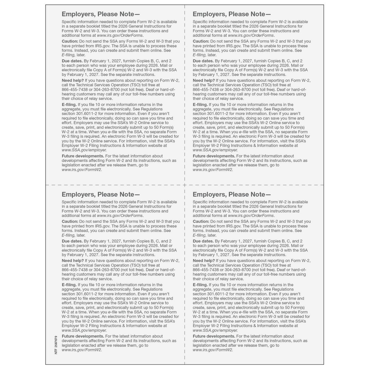 2026 W-2 Employer 4-Up Quadrant Copies 1/D Preprinted Laser Forms - 50 Minimum – Back View