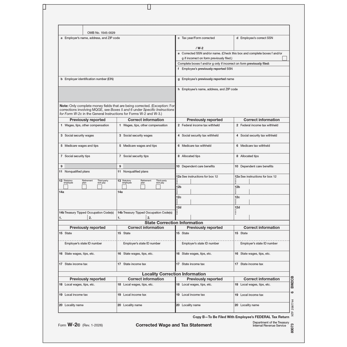 2026 W-2C Employee Federal Copy B Correction Forms