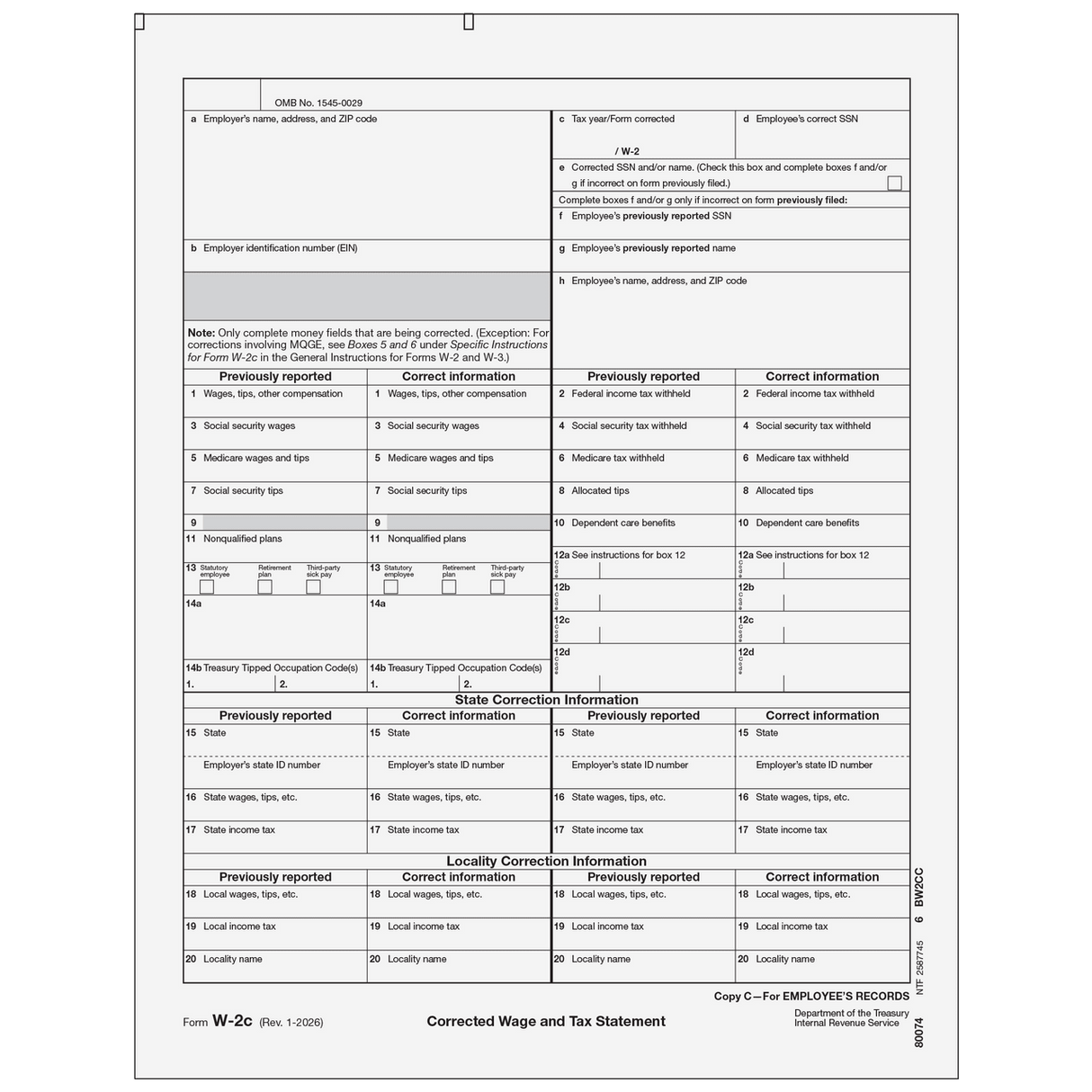 2026 W-2C Employee File Copy C Correction Forms