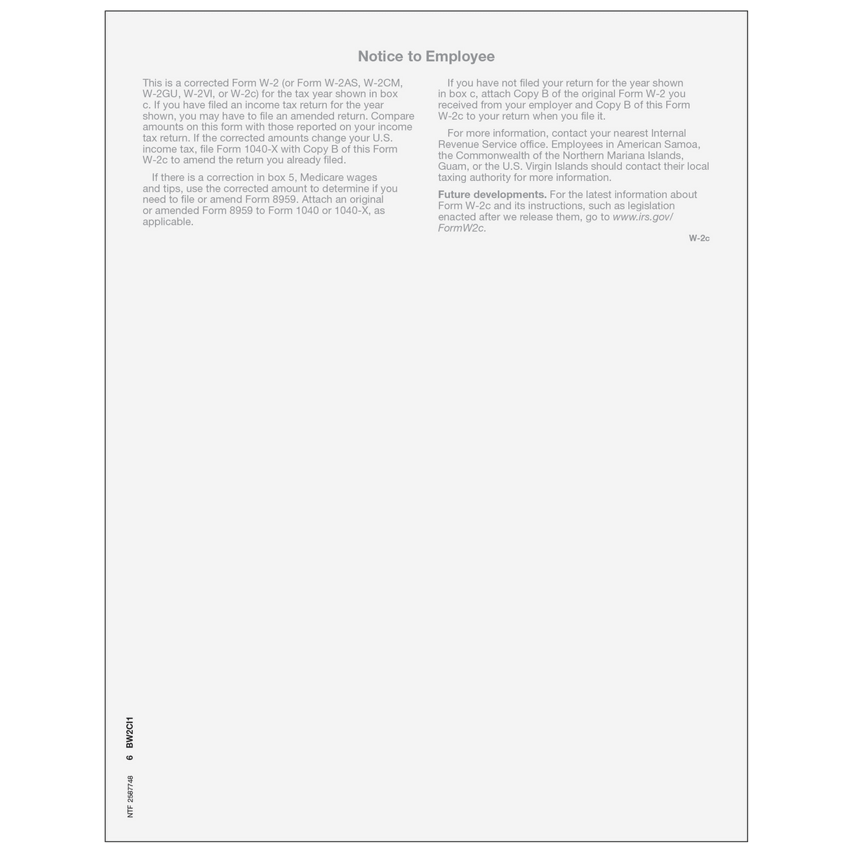 2026 W-2C Employee File Copy C Correction Forms – Back View