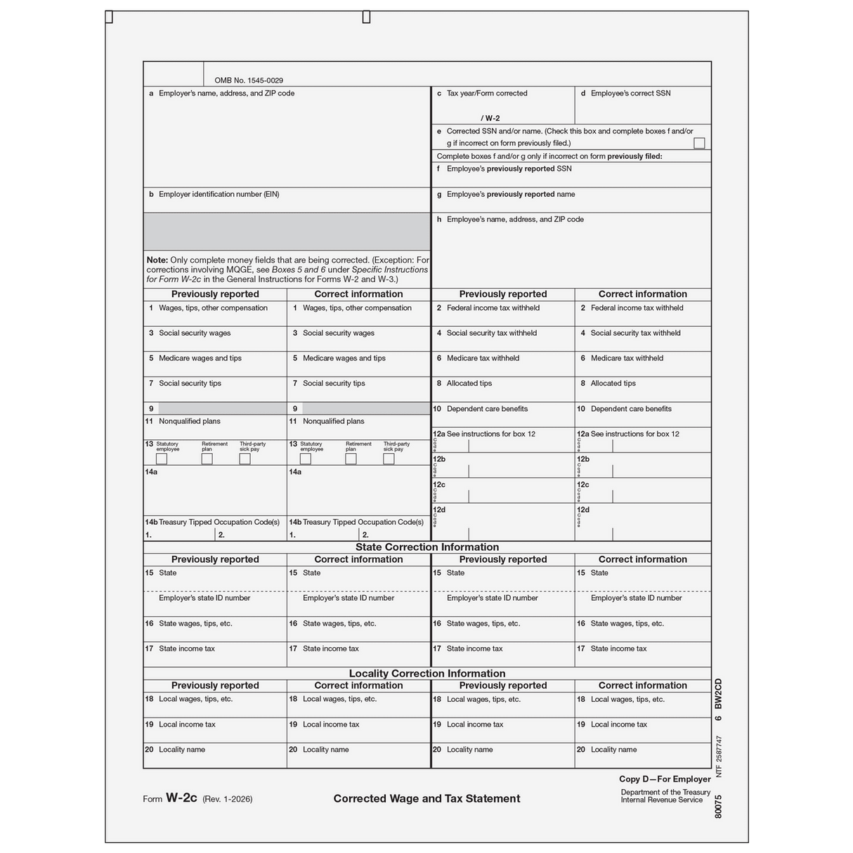 2026 W-2C Employer File Copy D Correction Forms
