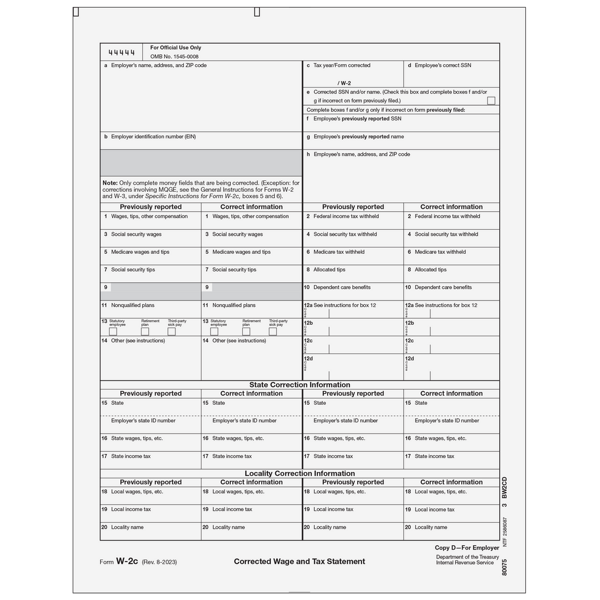Form W-2C Corrected Employer Record, Copy D