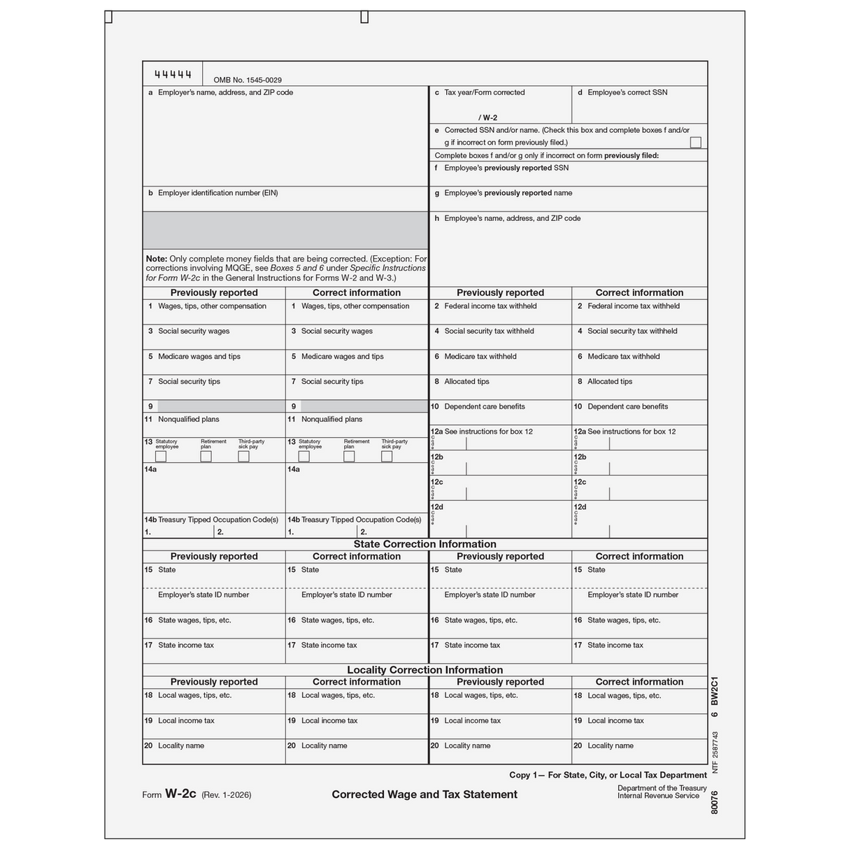 2026 W-2C Employer State/City/Local Copy 1 Correction Forms