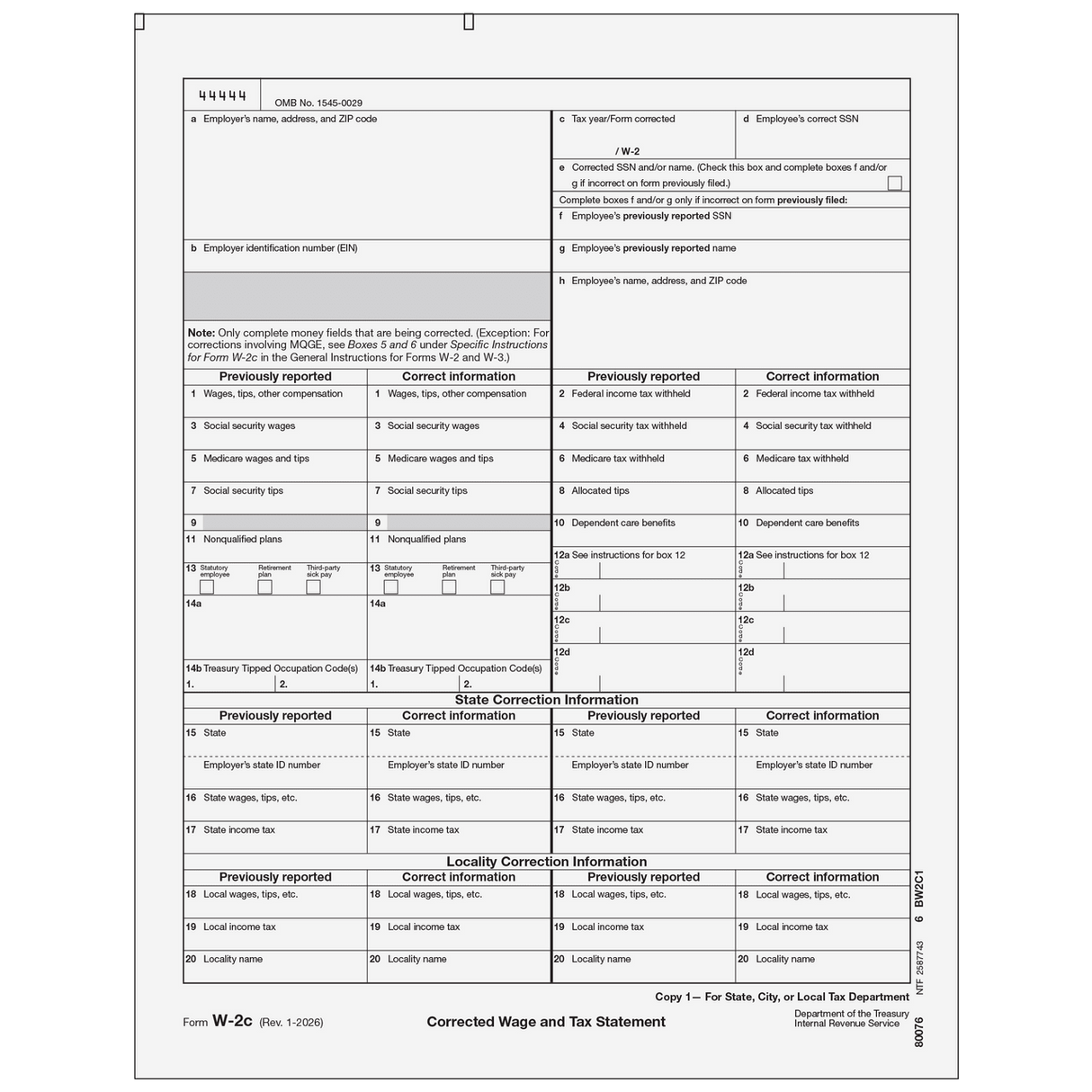 2026 W-2C Employer State/City/Local Copy 1 Correction Forms