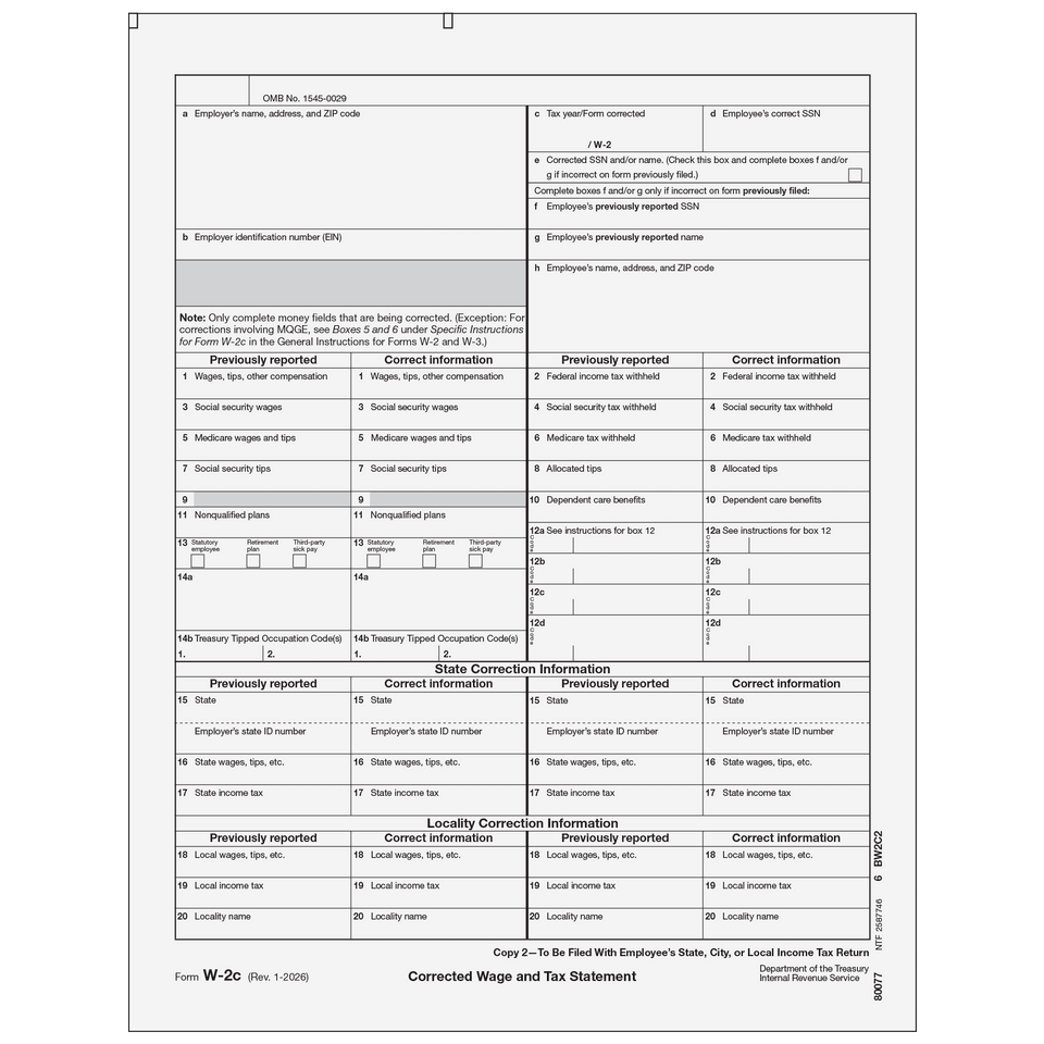 2026 W-2C Employee State/City/Local Copy 2 Correction Forms