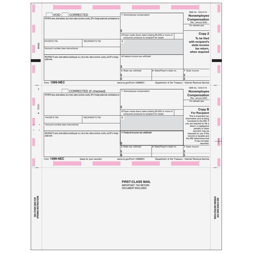 Pressure Seal 1099-NEC Form - Z Fold Recipient (Copies B, 2) - 500 Qty