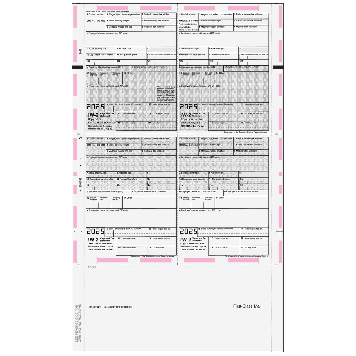 2026 W-2 Pressure Seal EZ Fold W-2 4-Up Quadrant Preprinted Forms