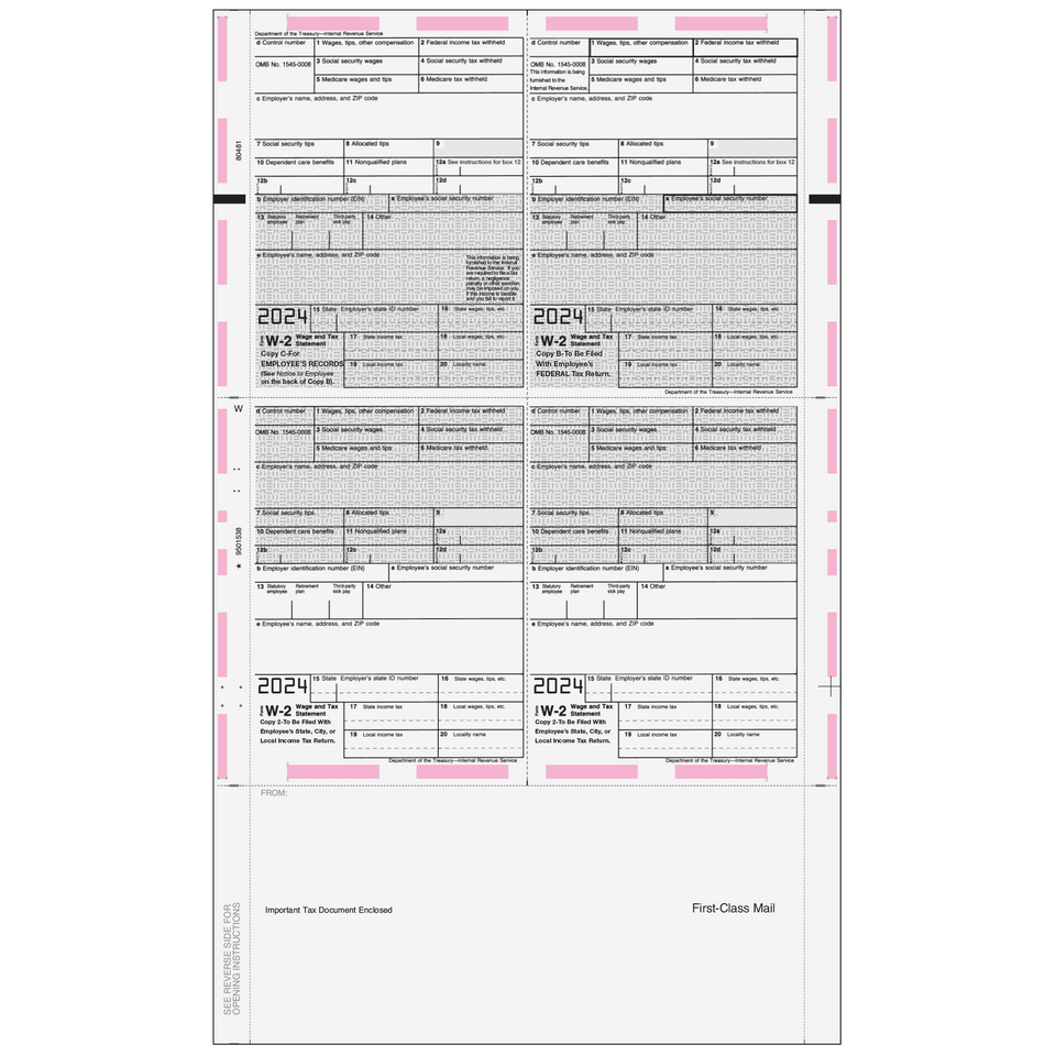 Pressure Seal EZ-Fold Preprinted W-2 Form 4up Quadrant (Copies C/B/2/2) - 500 Qty