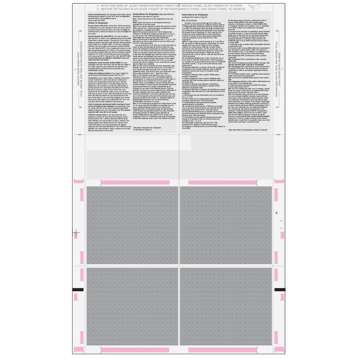 2026 W-2 Pressure Seal EZ Fold W-2 4-Up Quadrant Preprinted Forms – Back View