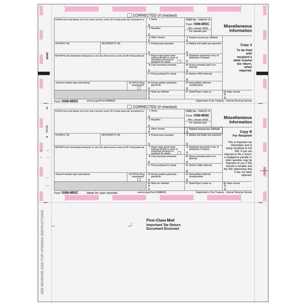 11'' Pressure Seal 1099-MISC Form - Z Fold Recipient (Copies B, 2) - 500 Qty