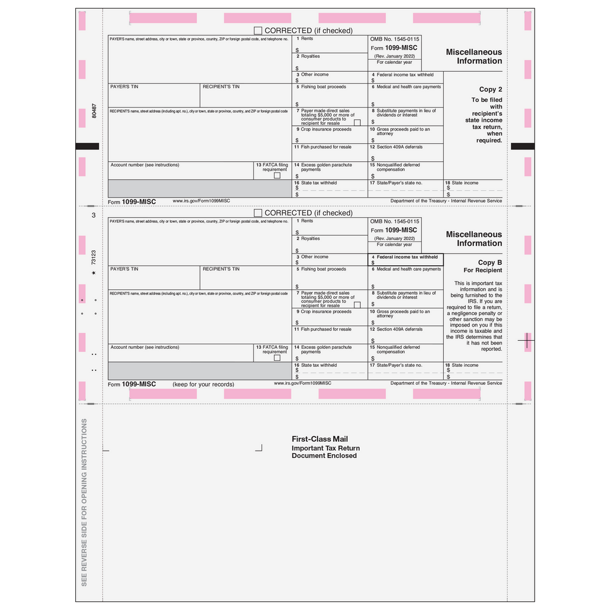 11'' Pressure Seal 1099-MISC Form - Z Fold Recipient (Copies B, 2) - 500 Qty