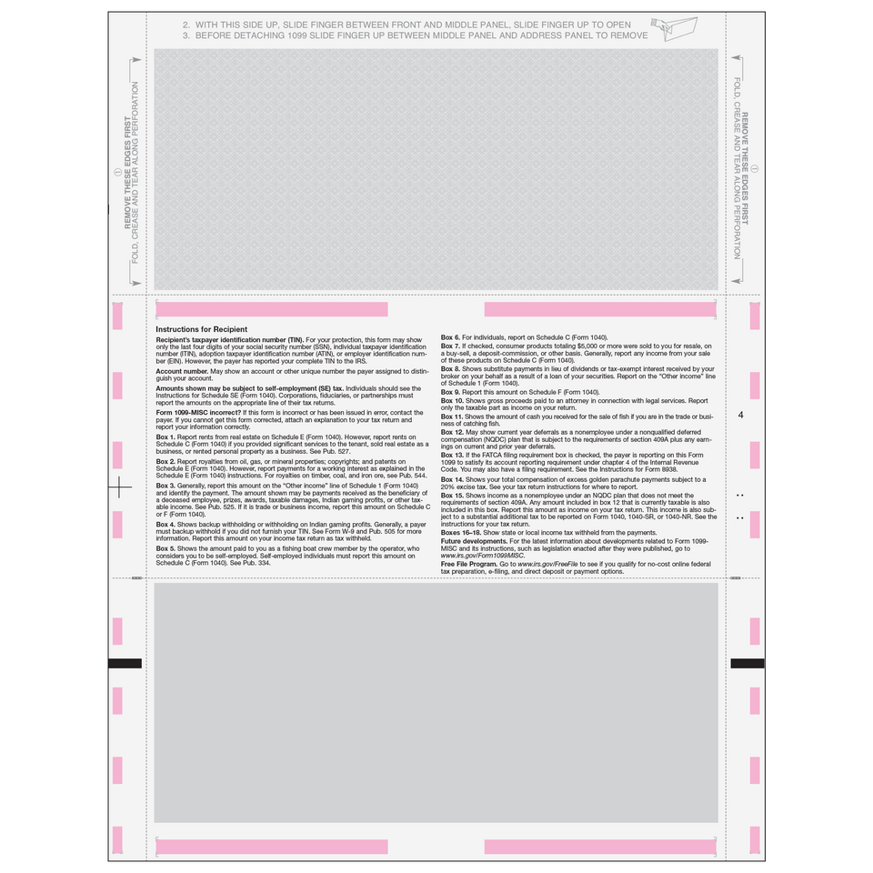 11'' Pressure Seal 1099-MISC Form - Z Fold Recipient (Copies B, 2) - 500 Qty