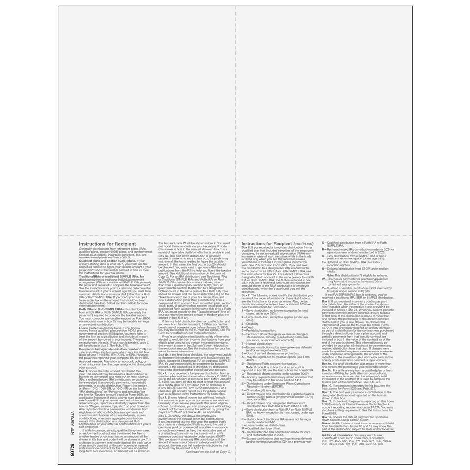 2026 1099-R 4-Up Quadrant Blank Laser Paper with Instructions