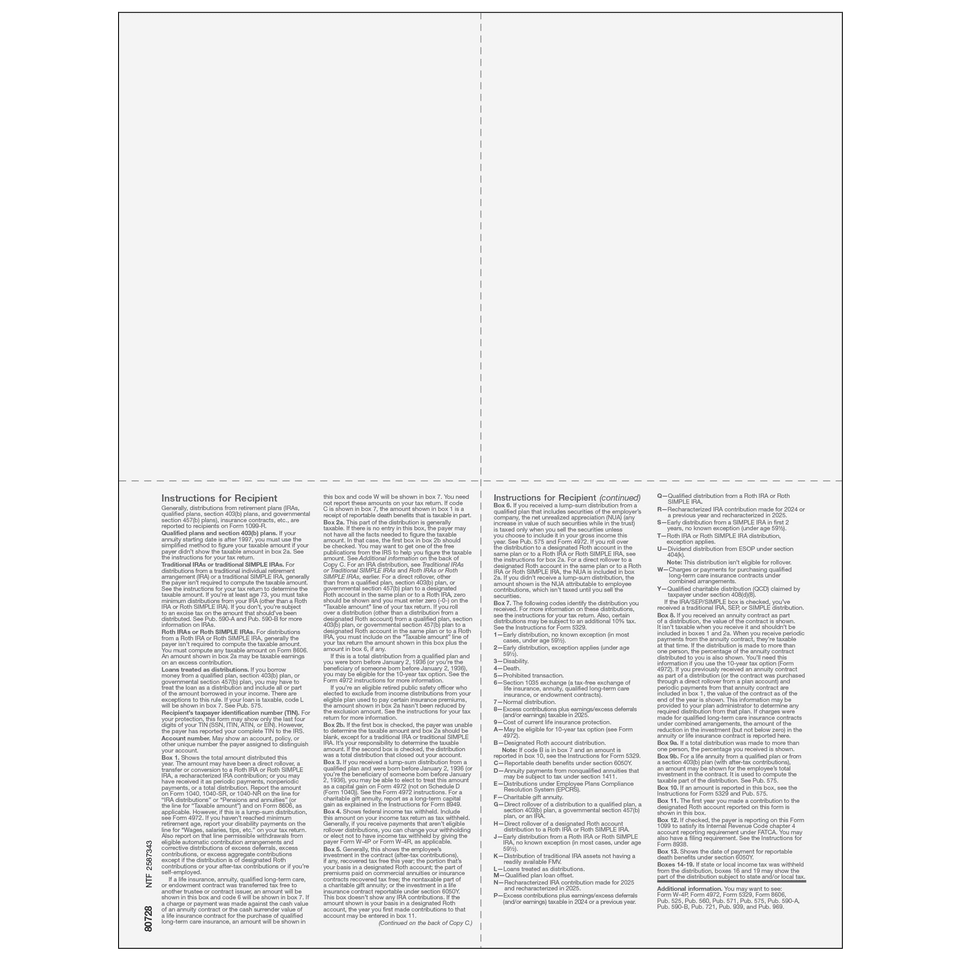 2026 1099-R 4-Up Quadrant Blank Laser Paper with Instructions – Back View