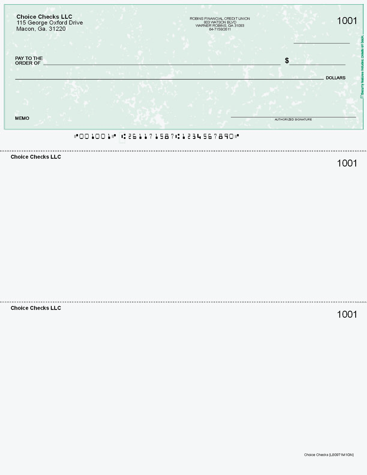 Marble Imprinted Business Check on Top - Good Security - Marble Green