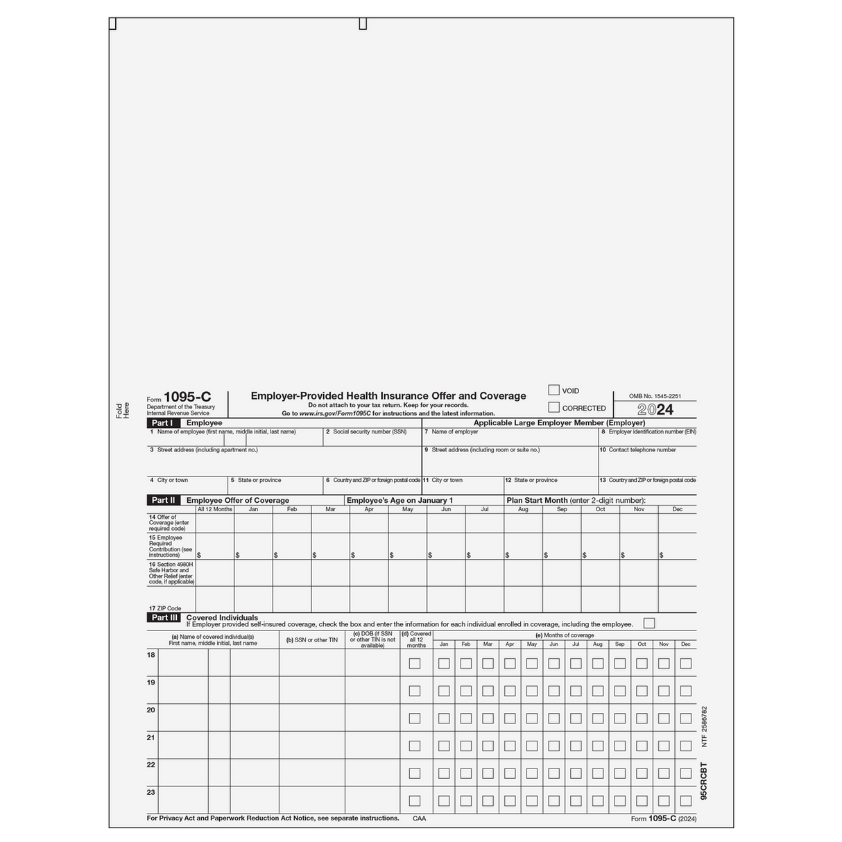 Form 1095-C - Blank Top (Recipient Copy) - 25 Qty