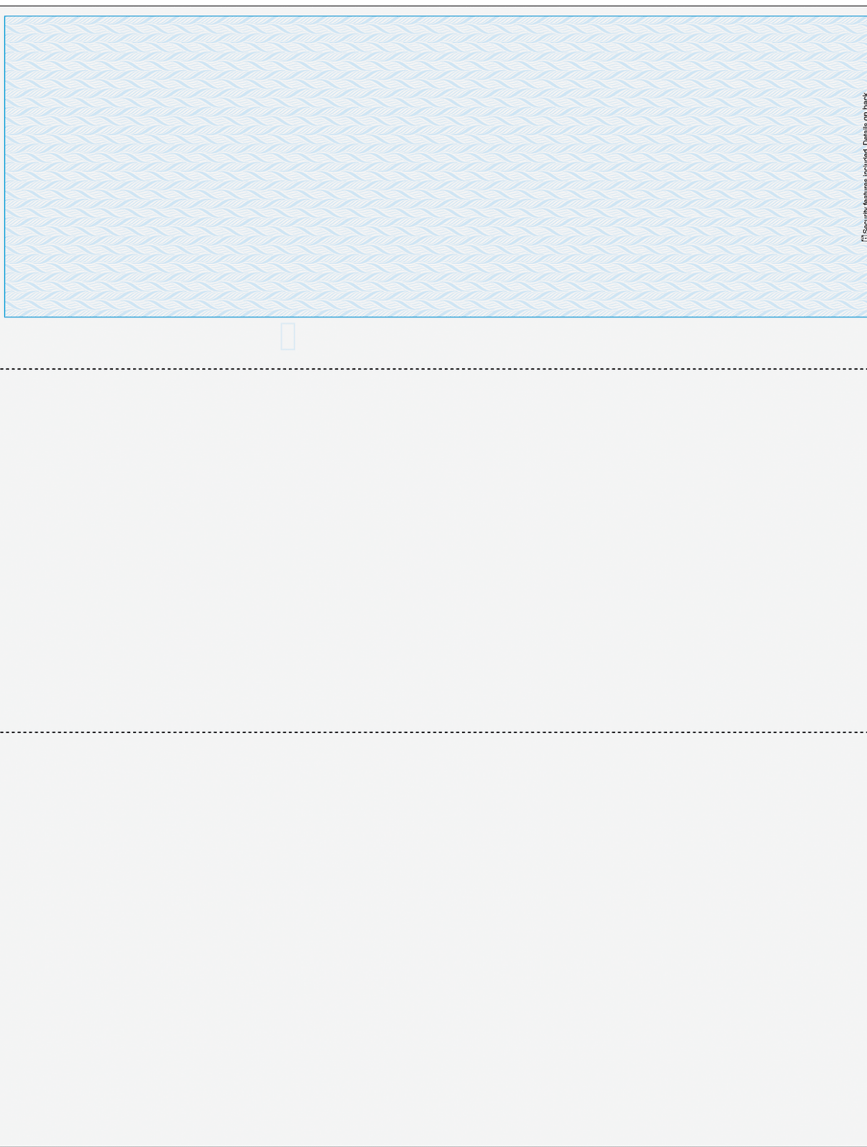 Blue blank business check on top with two voucher sections below