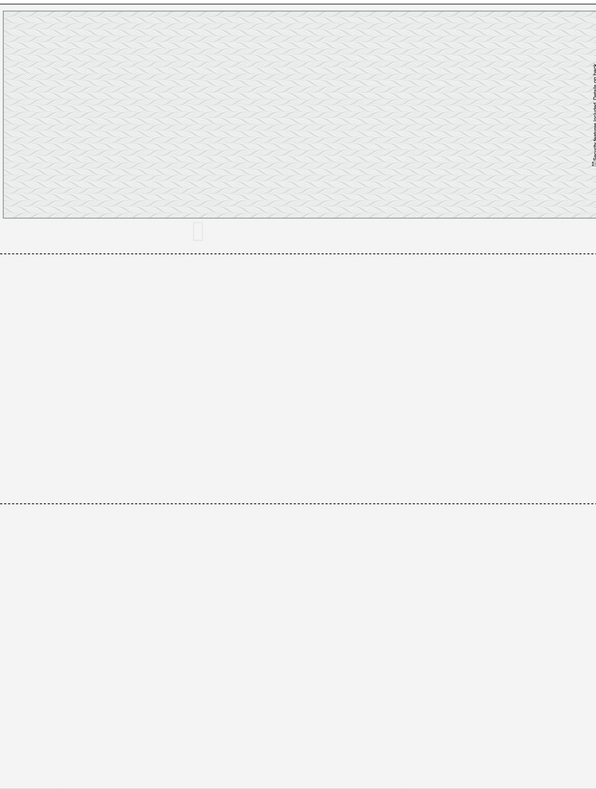 Gray blank business check on top with two voucher sections below