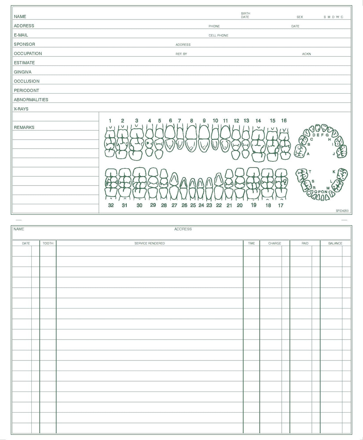 Dental Patient Record form PMS 349 green 8‐1/4" x 10" (8‐1/4" x 5" folded) (100/PK)