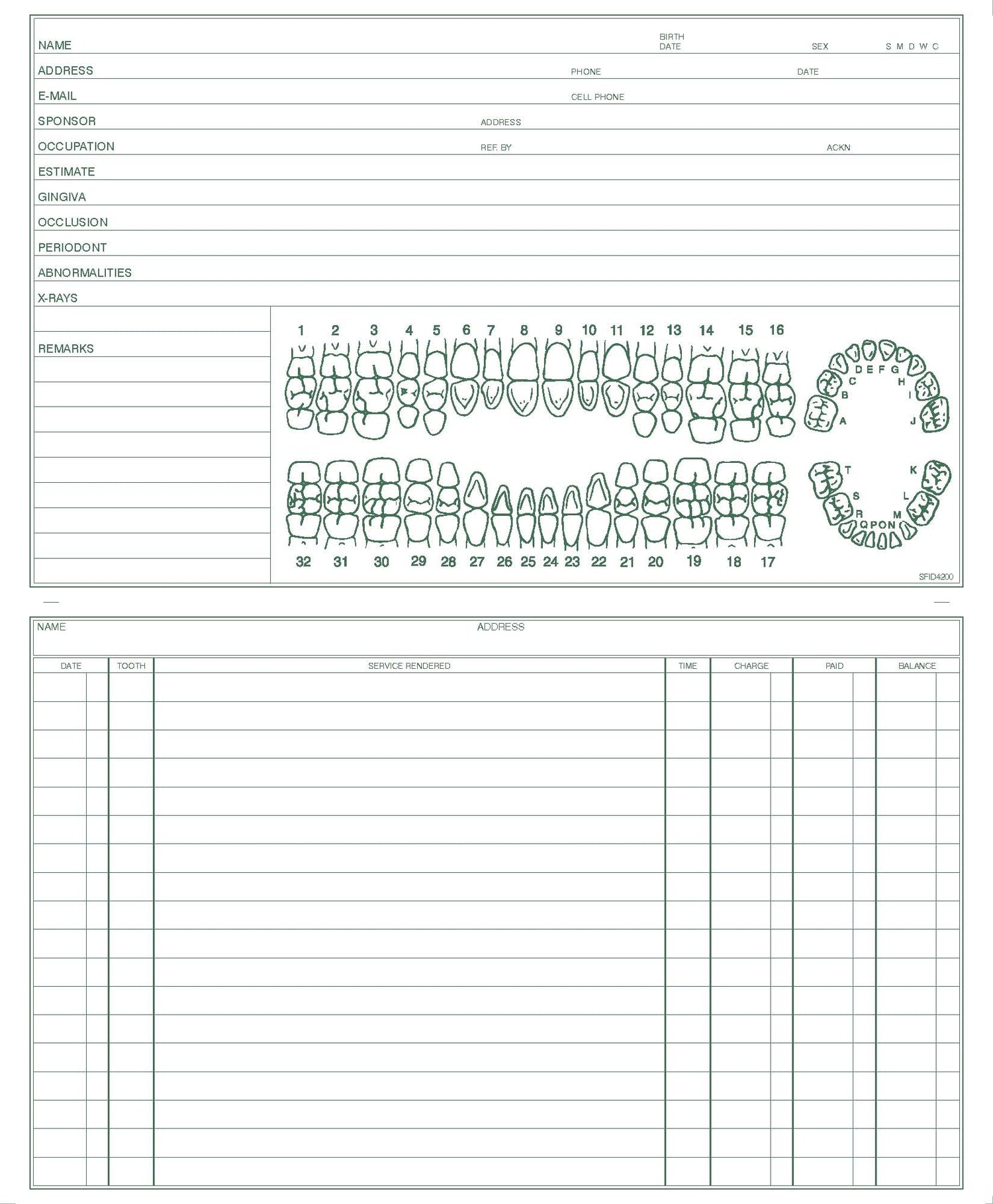 Dental Patient Record form PMS 349 green 8‐1/4" x 10" (8‐1/4" x 5" folded) (100/PK)