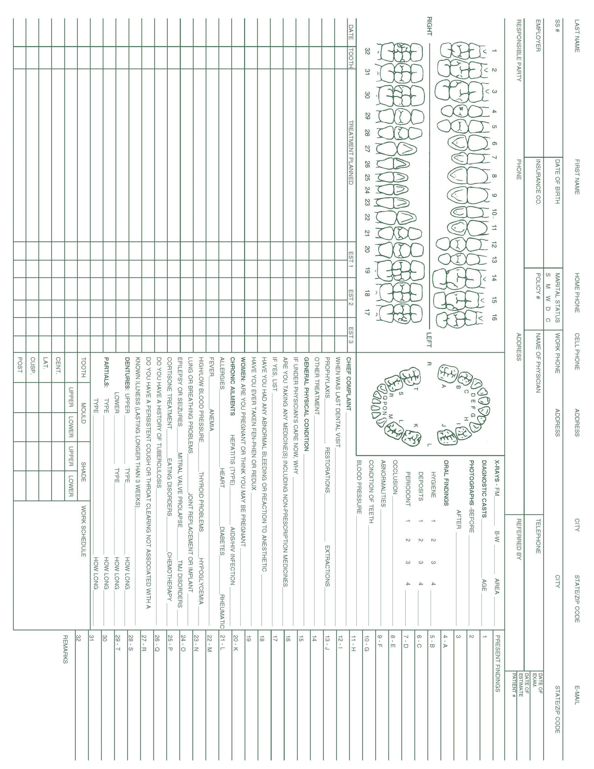 Dental Record form PMS 349 green 8‐1/2" x 11" (100/PK)