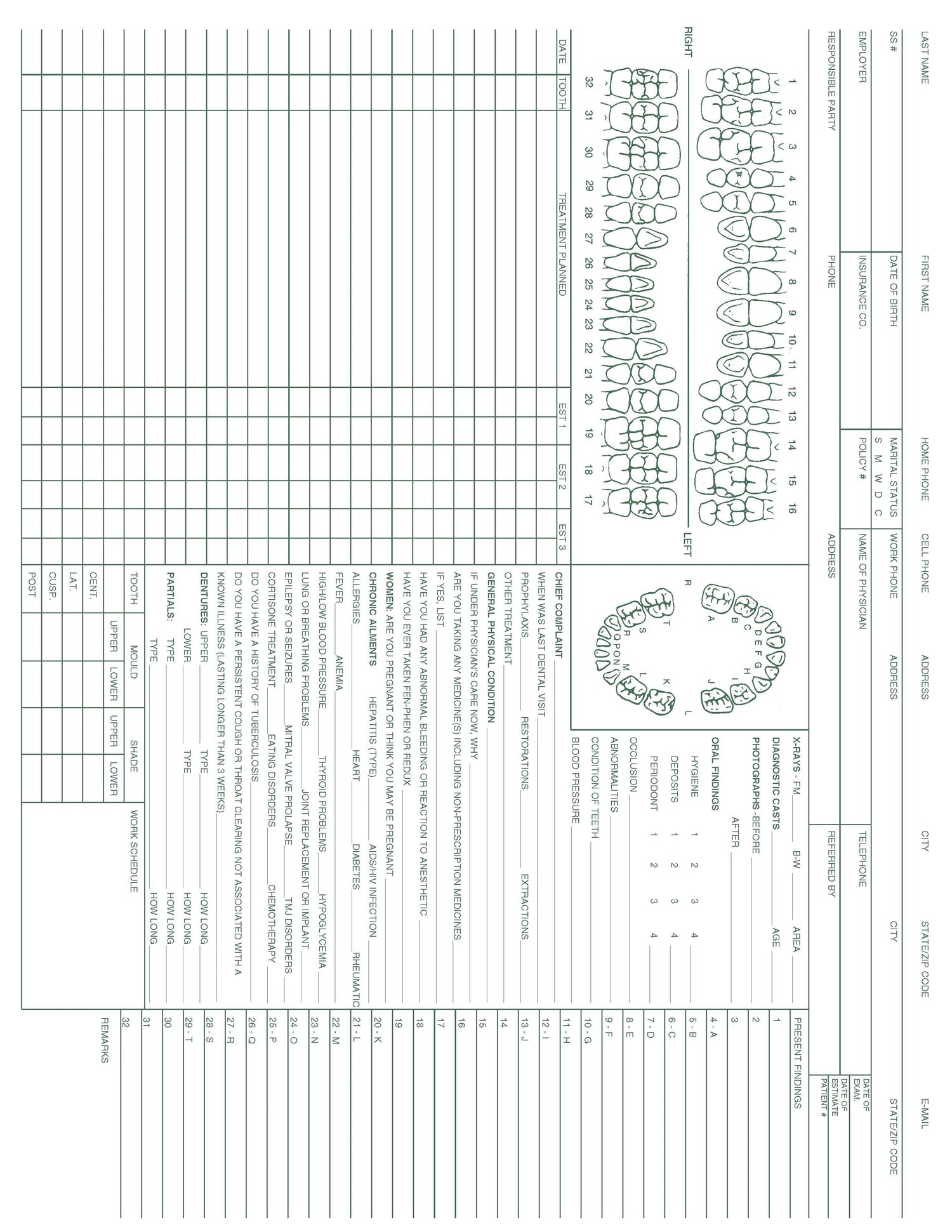 Dental Record form PMS 349 green 8‐1/2" x 11" (100/PK)