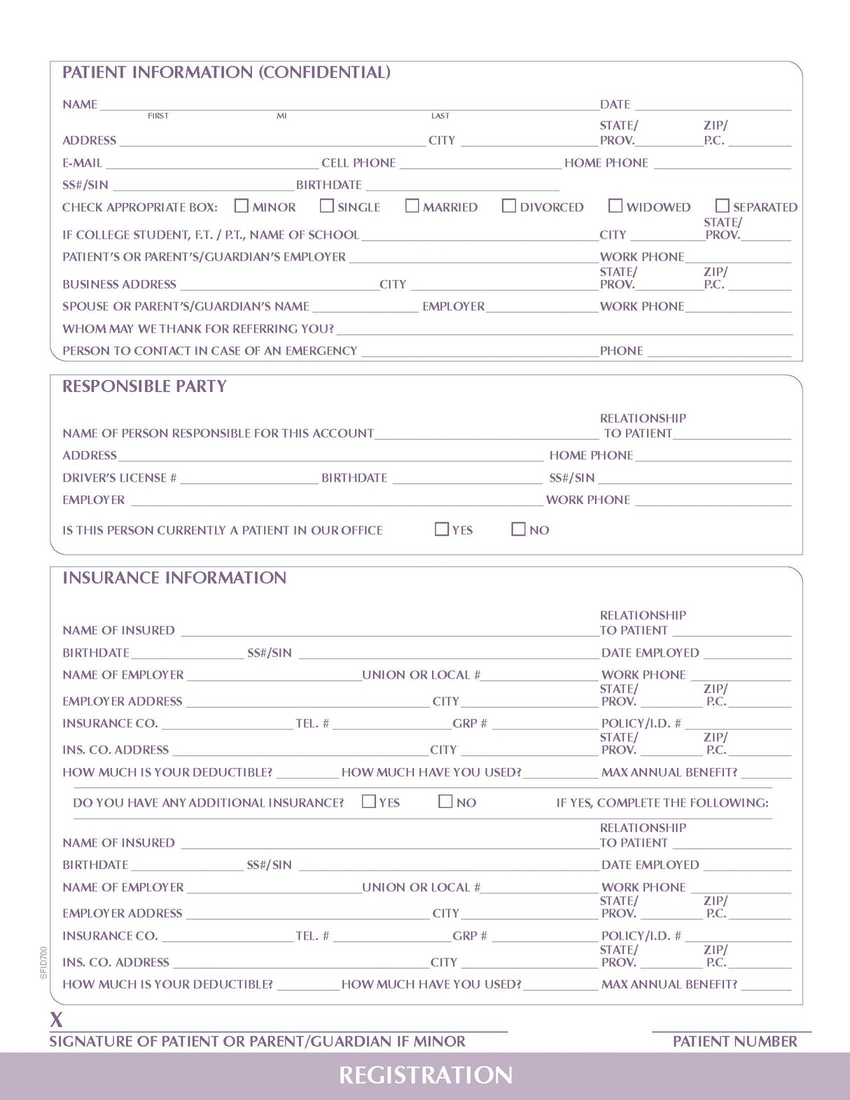Patient Registration Chart form PMS 7662 purple 8‐1/2" 11" 2‐hole punched top (100/PK)