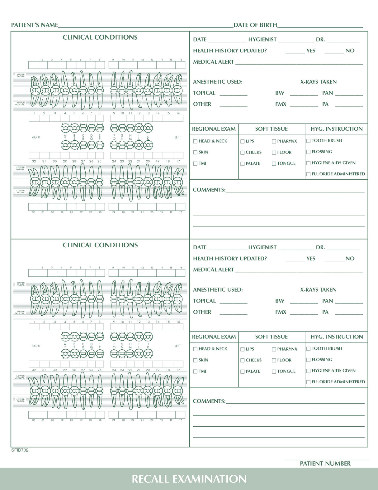 Recall Exam Charting form 1‐sided PMS 349 green 8‐1/2" 11" 2‐hole punched top (100/PK)