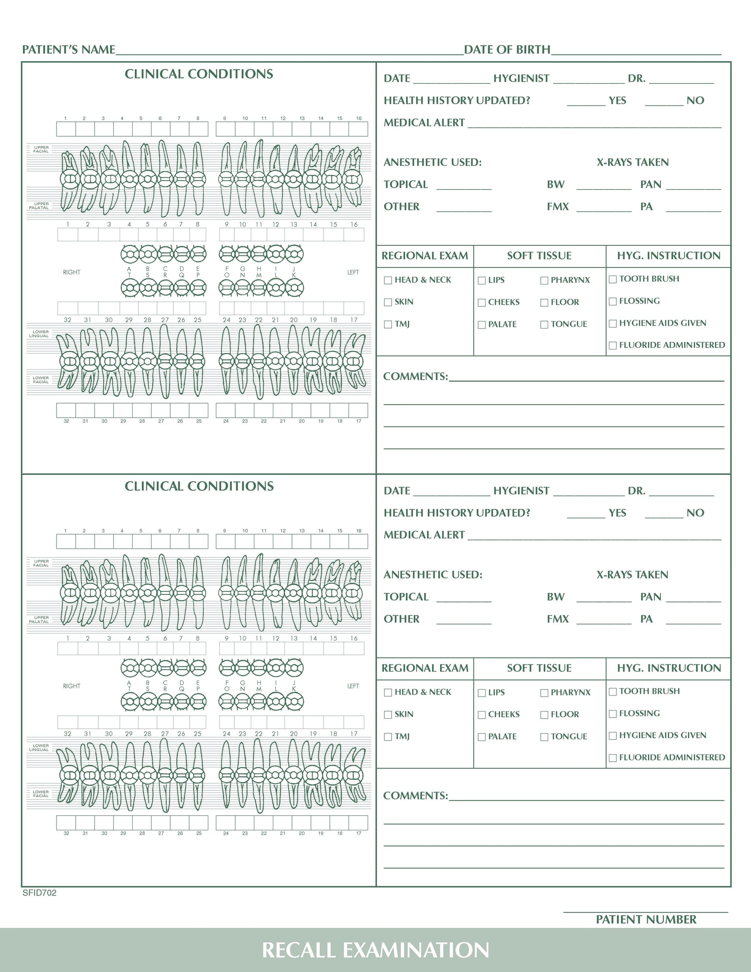 Recall Exam Charting form 1‐sided PMS 349 green 8‐1/2" 11" 2‐hole punched top (100/PK)