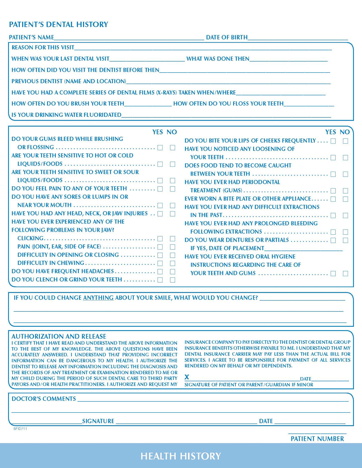 Health History Charting form Process Blue 8‐1/2" 11" 2‐hole punched top and bottom (100/PK)
